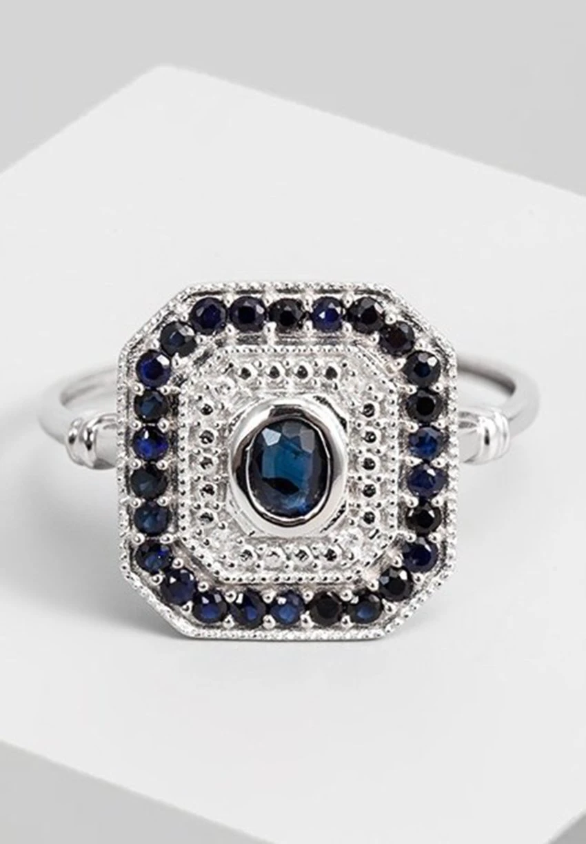 Ring 9K White Gold Diamond 0,22Ct/4 Saphir 1 Ct - Bague - Silver-Coloured 4 Ring 9K White Gold Diamond 0,22Ct/4 Saphir 1 Ct - Bague - Silver-Coloured – Image 2