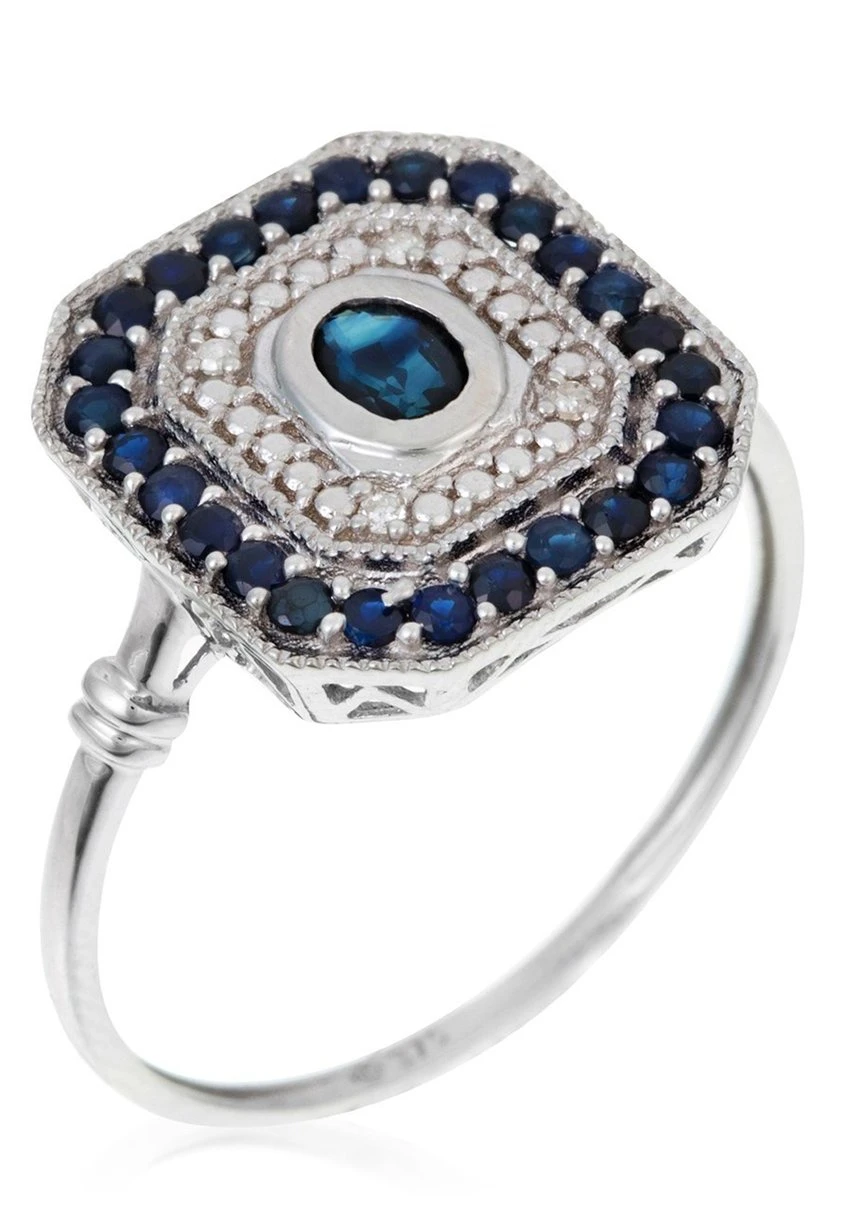 Ring 9K White Gold Diamond 0,22Ct/4 Saphir 1 Ct - Bague - Silver-Coloured 3 Ring 9K White Gold Diamond 0,22Ct/4 Saphir 1 Ct - Bague - Silver-Coloured